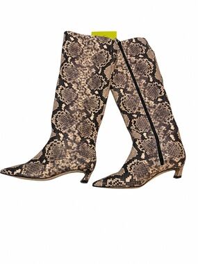 Gianni Bini Beige and Black Snake-Print Mid-Calf Kitten Heel Boots